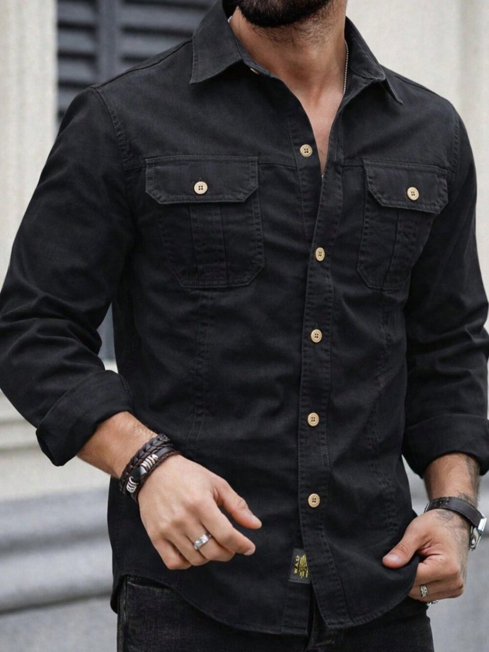 Black Casual Men's Military Style Slim Fit Button-Up Shirt